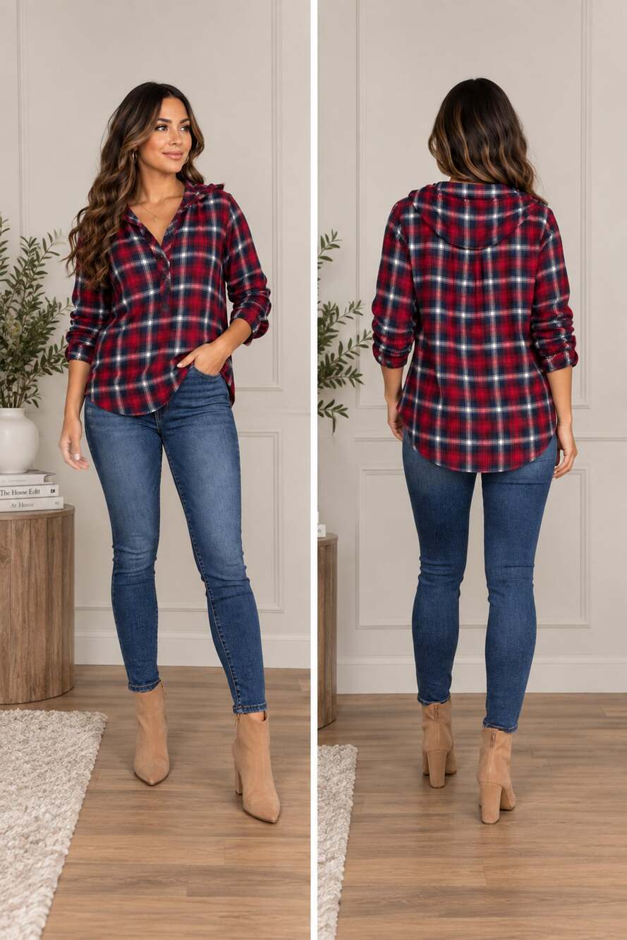 90s Grunge Plaid Flannel Shirt Red Navy Tie Neck Relaxed Fall Top